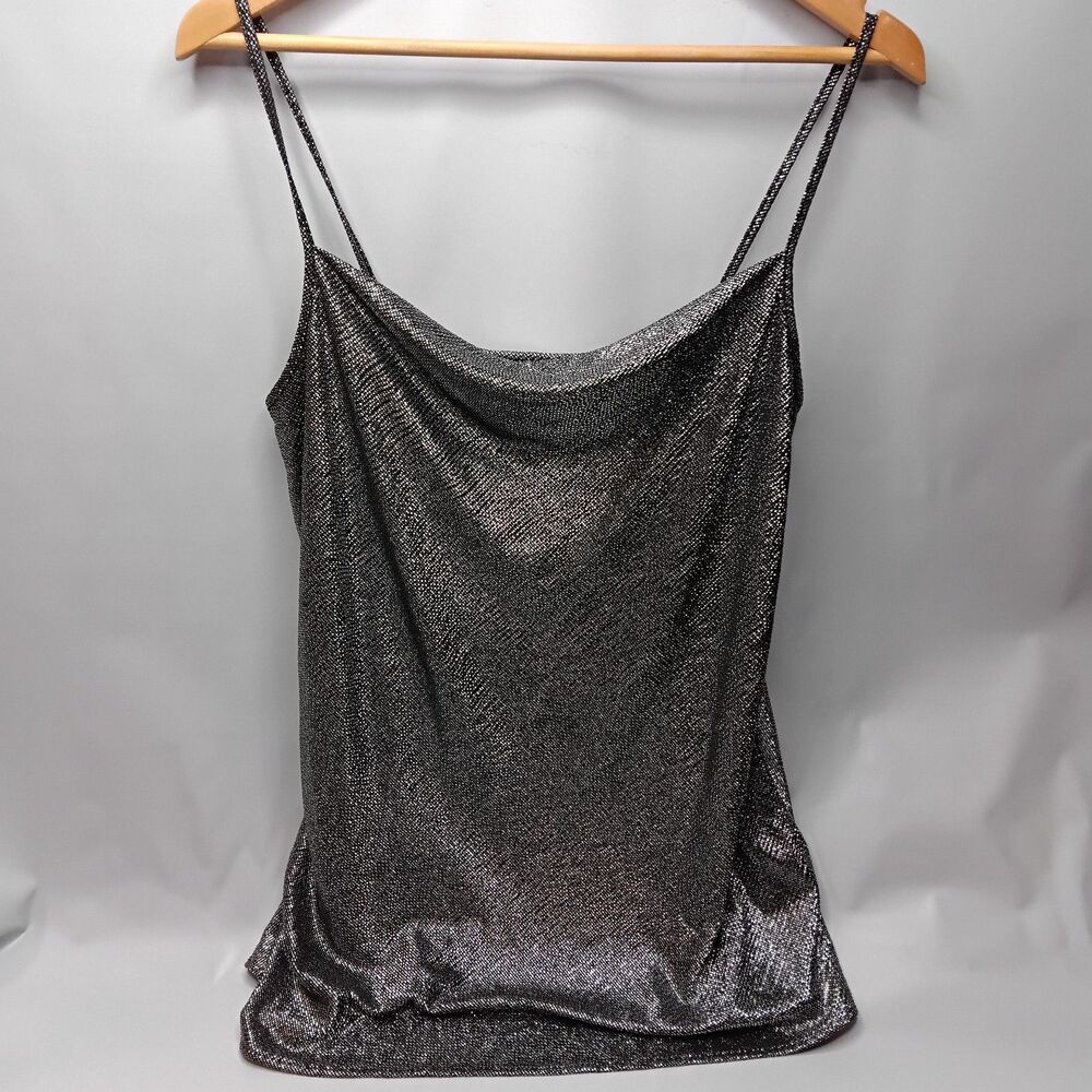 Zara Basic Cami Tank Top Womens Sz Small Metallic Silver Black Cowl Neck Shimmer